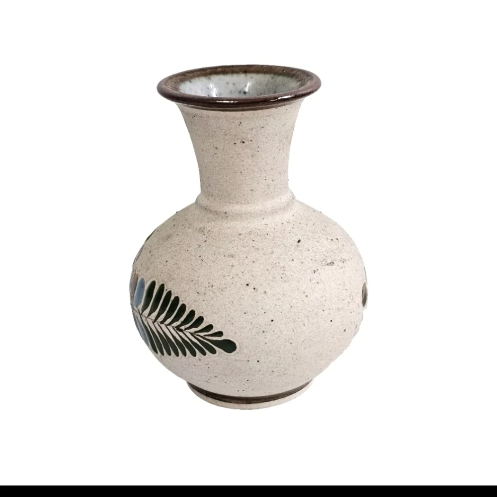 Collectible Mexican Tonala Brown Hand Painted Pottery Vase Floral Design
